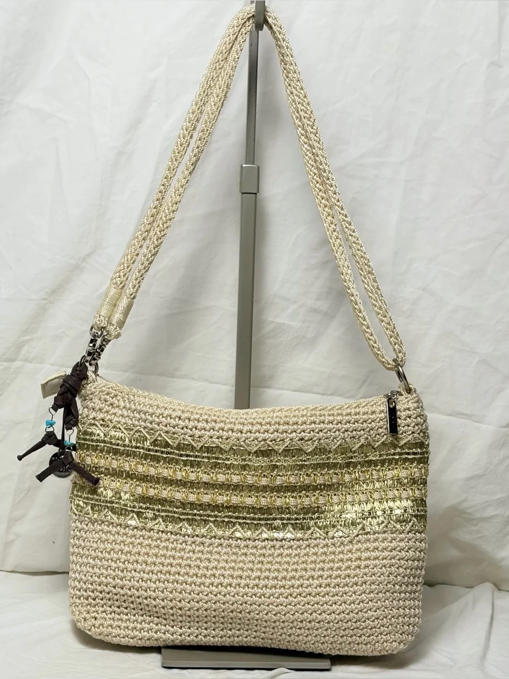 The Sak Cream Crochet Shoulder Bag Gold Sequin Accents – NWOT